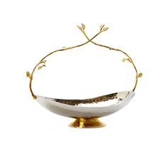 Stainless Steel Basket With Gold Twig Handle Gold Twigs, Stainless Steel Bowl, Bread Basket, Table Dimensions, Exquisite Design, Baskets, Coasters, Bread, Snacks