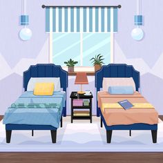 two beds sitting next to each other in a room with purple walls and blue furniture