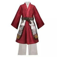 Disney Store Live Action Mulan Costume Check out my other listings - Many Disney and Kids/Baby Clothes Mulan Deluxe Costume for Kids – Live Action Film Authentic Disney Costume Includes tunic, pants and robe Red robe with wide cuffs Screen art patterns on collars Attached brown faux leather belt with silver studs and faux knot at center Self-stick fabric tab closure behind belt knot Brown satin side panels Embroidered dragon appliqués at side panel hems Vinyl ''armor'' panels with worn silver sc Mulan Disney, Costume For Kids, Detailed Embroidery, Elastic Waistband Pants, Theatre Costumes, Satin Jacket, Costume Collection, Disney Costumes, Dragon Artwork