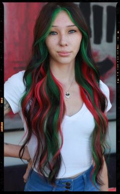 Christmas Peekaboo Hair, Green And Red Hair Color, Red Green Hair Color, Red And Green Dyed Hair, Red And Green Peekaboo Hair, Red And Blue Peekaboo Hair, Holiday Hair Color Christmas, Christmas Colored Hair, Christmas Vivid Hair Color