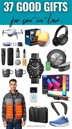 a man standing in front of a bunch of items that include headphones, laptops and