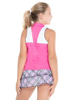 Updating a traditional look with some fun detail in this modest top. Featuring color block armholes and a mock V-neck in the “it” pink for the season, Taffy. Her new favorite tank in the making. Modest Top, Traditional Look, Tennis Shop, Swim Shirts, Taffy, Tween Outfits, Dress Gift, Novelty Print, Long Sleeves Jacket