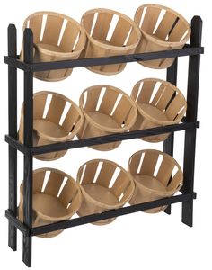 a black rack with several baskets on it and one shelf holding many empty plastic cups