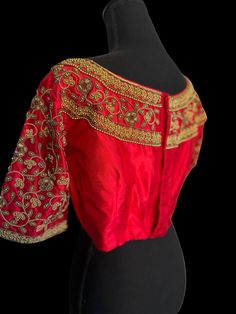 Red Hand Embroidered pure silk blouses USA Blouse size 36 -42/44 - pure velves blouses - color : Ref. These well made blouses are perfectly lined - padded - with back ties - hand embroidered with gemstones - to pair with any kanjivaram / patola or raw silk sarees . Hand embroidered beauties / glorified look to any saree. Red Semi-stitched Blouse For Wedding, Red Festive Top For Reception, Red Festive Top For Receptions, Traditional Red Designer Blouse, Traditional Red Designer Wear Blouse, Elegant Red Blouse With Zari Work, Elegant Red Tops With Resham Embroidery, Elegant Red Dola Silk Blouse Piece, Red Silk Blouse Piece For Reception