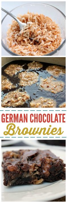 german chocolate brownies in a pan and on a plate with the title above it