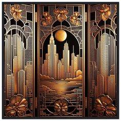 an art deco style door with gold flowers and cityscape in the background,