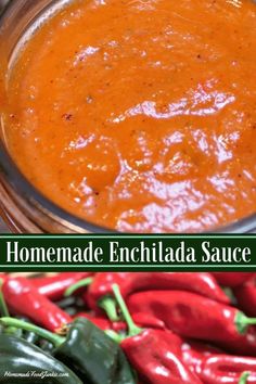 homemade enchilada sauce in a glass jar with red peppers around the edges