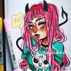 a drawing of a girl with pink hair and horns on her face holding a cat