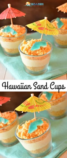 there are two pictures of food in small bowls with an umbrella on top and the words hawaiian sand cups below it