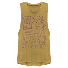 You've put a spell on me! This super fun Juniors' Festival Muscle Tank Top features all things witchy like a spell book, candle, crystals, tarot cards, and more! Size: large. Color: gold heather. Gender: female. Age Group: adult. Pattern: Skull. Material: Polyester. Muscle Tank Top, Witchy Things, Large Clothes, Muscle Tank Tops, Book Candle, Muscle Tee, Spell Book, Muscle Tees, Muscle Tank