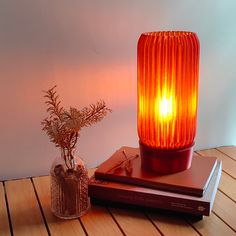 an orange lamp sitting on top of a book next to a vase with a plant