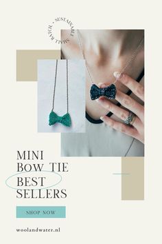 Mini knitted bow tie necklaces in green and black with silver sparkles on silver chains. worn by a white woman lightly holding the black mini bow tie necklace in her fingers. Formal Jewellery, Christmas Gifts Unique, Affordable Necklaces, Formal Jewelry