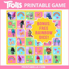 a printable game with the words, free rainbow dice and images of cartoon characters