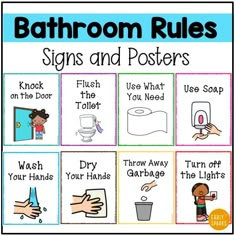 bathroom rules signs and posters to help kids learn how to use the toilet, wash your hands