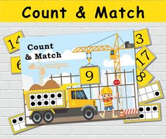 a yellow truck with numbers on it next to a sign that says count and match