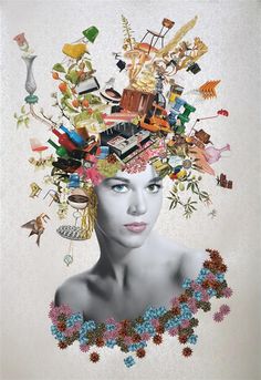 a woman's head with many different things on it