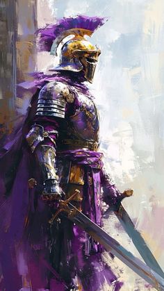 a painting of a man in armor holding two swords and wearing a purple outfit with gold accents