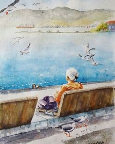 a watercolor painting of a person sitting on a bench looking out at the ocean