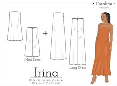 a woman in an orange dress and the measurements for her skirt