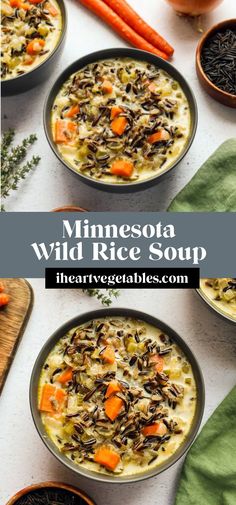 three bowls filled with wild rice soup and carrots