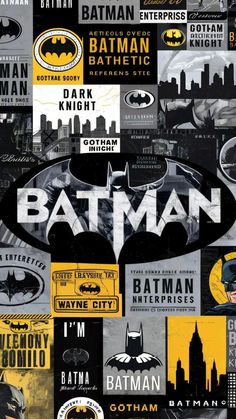 the batman poster is shown with many different colors and logos on it's side