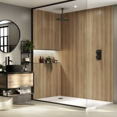 a bathroom with a shower, sink and mirror on the wall next to a shelf