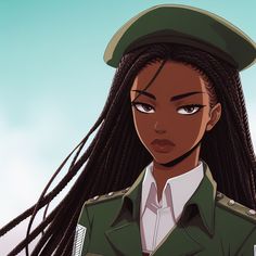 a woman with long braids wearing an army uniform and looking at the camera while standing in front of a blue sky