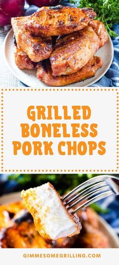 grilled boneless pork chops on a white plate with a fork and garnish