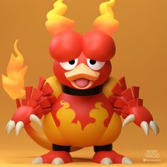 a red and yellow cartoon character standing in front of a brown background with fire coming out of its eyes