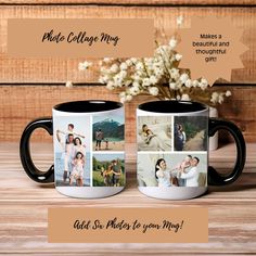 two coffee mugs with different photos on them and the words make collage my