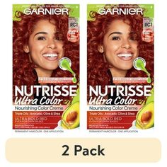 Garnier Nutrisse Ultra Color Bold Permanent Hair Color Kit, RC1 Med Copper Red, Creme delivers up to 8 weeks of bold vibrant color for all hair textures and even dark bases with intensity-enhancing Color Boost technology. Garnier Nutrisse is the only hair color cr\\x8fme with a separate ampoule of grapeseed oil that you snap and pour directly into your mix. Lock in moisture and color with our after color conditioning mask infused with triple nourishing oils - avocado, olive, and shea for hair th Hair Color Copper Ginger, Copper Orange Hair, Schwarzkopf Color, Hair Color Orange, Dyed Hair Blue, Dyed Hair Purple, Dyed Red Hair, Hair Color Cream, Hair Textures