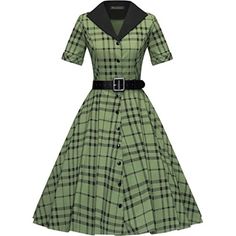 Women's Splicing Swing Dress Army Green Plaid Imported Zipper Closure 95% Polyester With 5% Spandex, Comfortable For Skin. Strechy 50`S Swing Dress, Short Sleeves, Lovely Pleated, Free Belt,Button Up, Invisible Pockets, Full-Line Great Choice For Evening Dress, Prom Dress, Homecoming Dress, Bridesmaid Dress, Wedding Dress And Vacation Dress. Dr Dresses, Dresses 1950s Style, Fifties Dress, 1950 Women, Egg Aprons, Vintage Fashion 1930s, 1950s House, Green Outfits