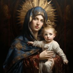 a painting of the virgin mary holding a child in her arms and wearing a crown