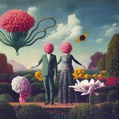 two people are standing on a platform with flowers in the air and one person is holding hands