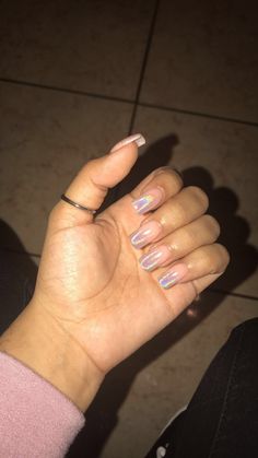 Holographic Coffin Tip Nails | Nude Coffin Tip | Holographic French Tip | Gradient Nails| Holographic | Squared Tip | French Tip Gradient Nails, Holographic Nails French Tip, Holographic French Tip, Coffin Tip Nails, Ombre French Tips, Nails Holographic, Chrome Nails Designs, Nails Nude, Ombre Nails Glitter