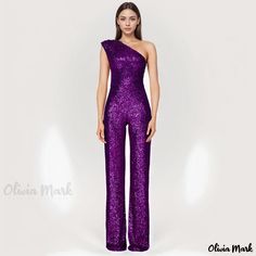 Olivia Mark - Sleeveless Jumpsuit with Single Shoulder Sequin Bodice Sequin Jumpsuit, Dark Blue Grey, Grey Roses, Sleeveless Jumpsuits, Olivia Mark, Dark Purple, Dressmaking, High Waisted Pants, Red And Blue