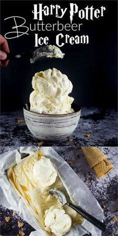 harry potter butterbeeer ice cream in a bowl with a spoon on the side