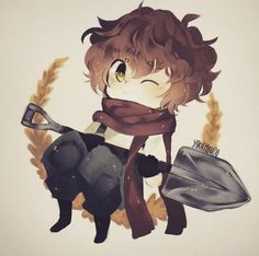 a drawing of a boy holding a shovel and wearing a scarf