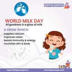 a girl holding a drink in her hand with the words world milk day on it