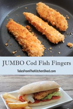 fish fingers and fries on a plate with text overlay that reads jumbo god fish fingers