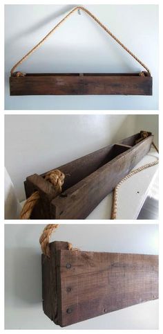 three different pictures of wooden planks with rope hanging from the top, bottom and bottom