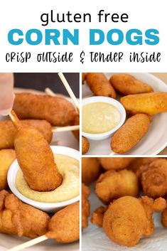 corn dogs with dipping sauce on them are shown in three different pictures and the text is below it