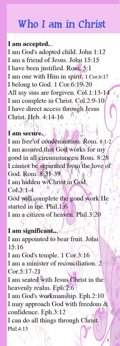 a pink and white poster with the words who i am in christ