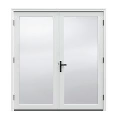 a white double door with glass panels and black handles on the outside side, against a white background