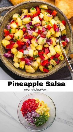 pineapple salsa in a bowl with chopped fruit and seasoning next to the recipe