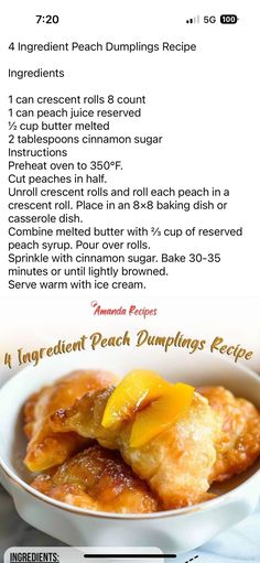 the recipe for peach dumplings is shown in this image, and it contains information about how to make them