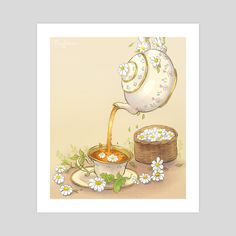 a painting of a teapot pouring coffee into a cup with daisies around it