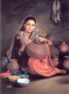 a painting of a woman sitting in front of pottery