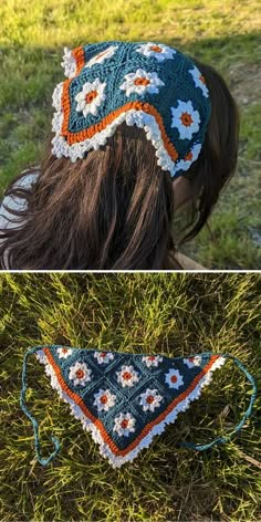 crocheted headband and bandana in two different colors, one with flowers on it