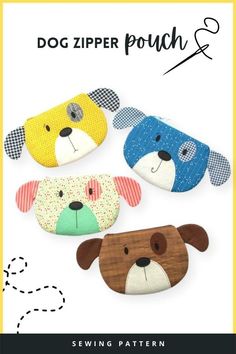 four dog zipper pouchs with the words sewing pattern on them and an image of three dogs